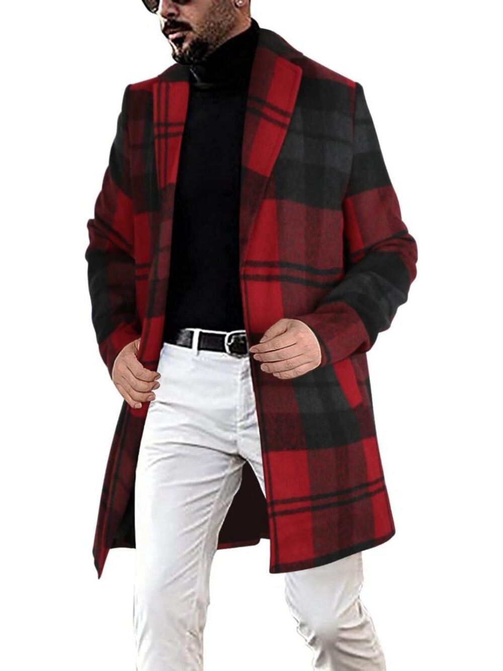 Stylish Men's Plaid Wool Blend Trench Coat with Notched Collar - Casual & Formal